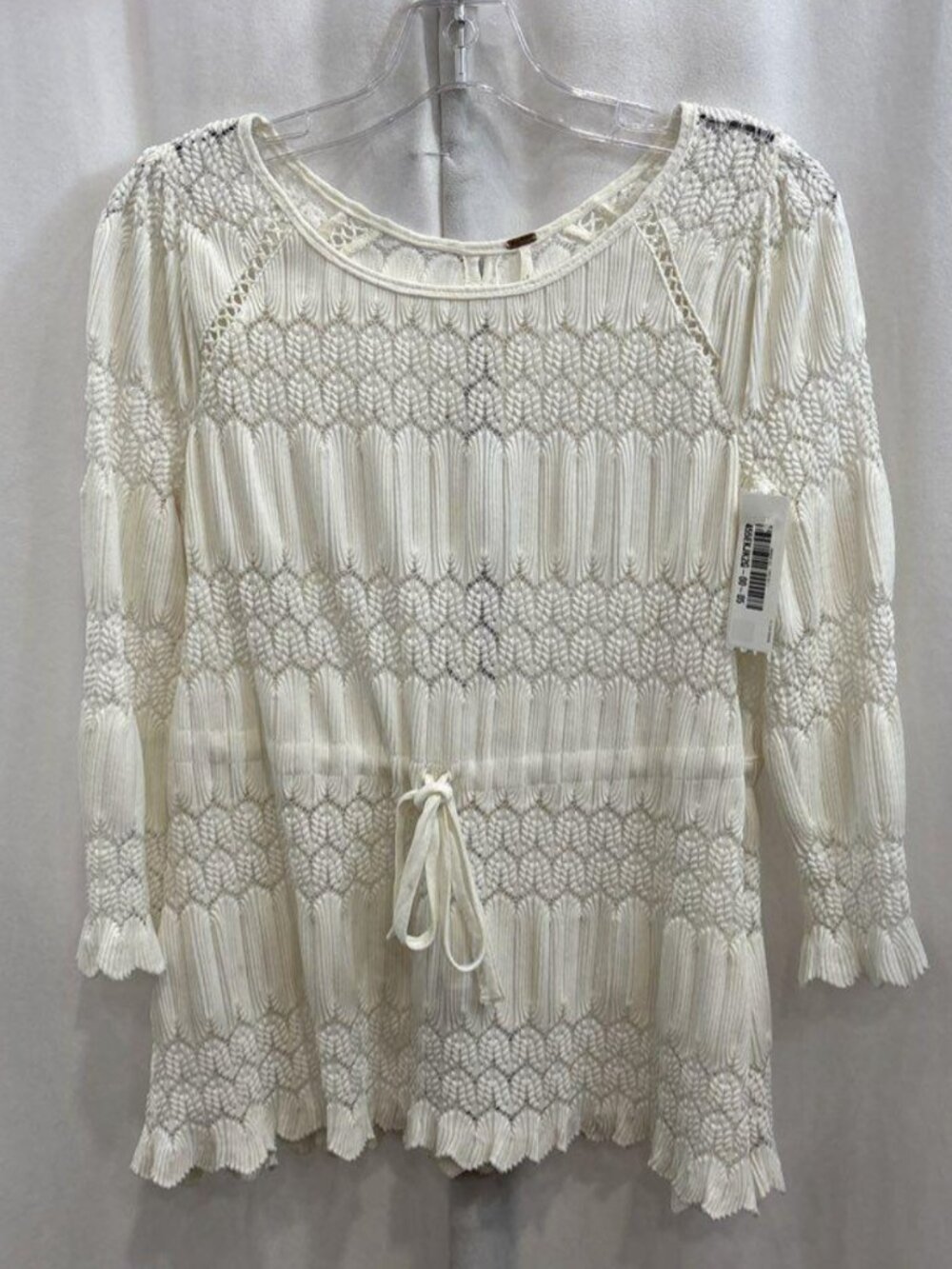 Free People Fire Island Ivory Lace Crochet Drawstring Peplum Boho Top Size M
